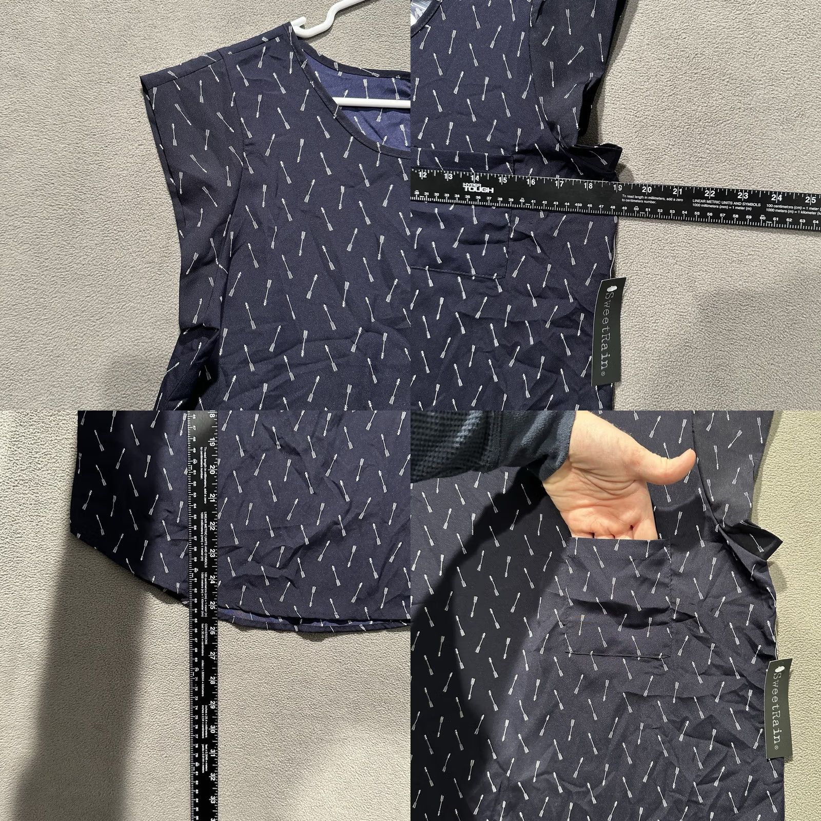 Arrow NWT Sweet Rain Blouse Top Womens M Navy Blue Arrow Print Cap Sleeve Keyhole Back Shirt Adult Medium Blue Geometric Pattern 90s Theme Womens Size L / US 10 / IT 46 - 8 Thumbnail