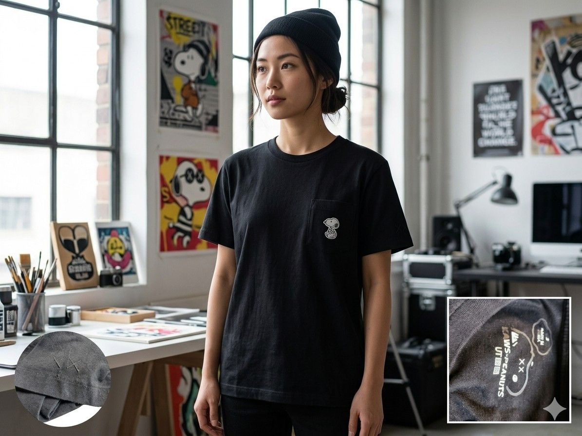Kaws × Peanuts KAWS x Peanuts "Joe Kaws" Embroidered Pocket Tee Black -XS Size US XS / EU 42 / 0 - 1 Thumbnail