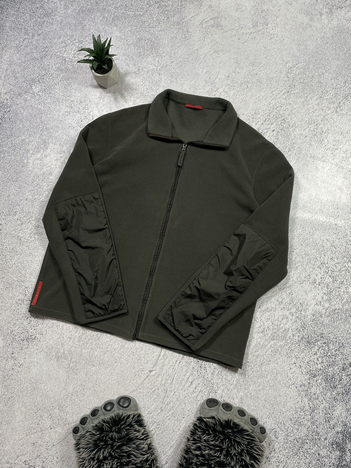 Image of Vintage Prada Red Tab Nylon Fleece Jacket in Dark Green, Men's (Size 2XL)