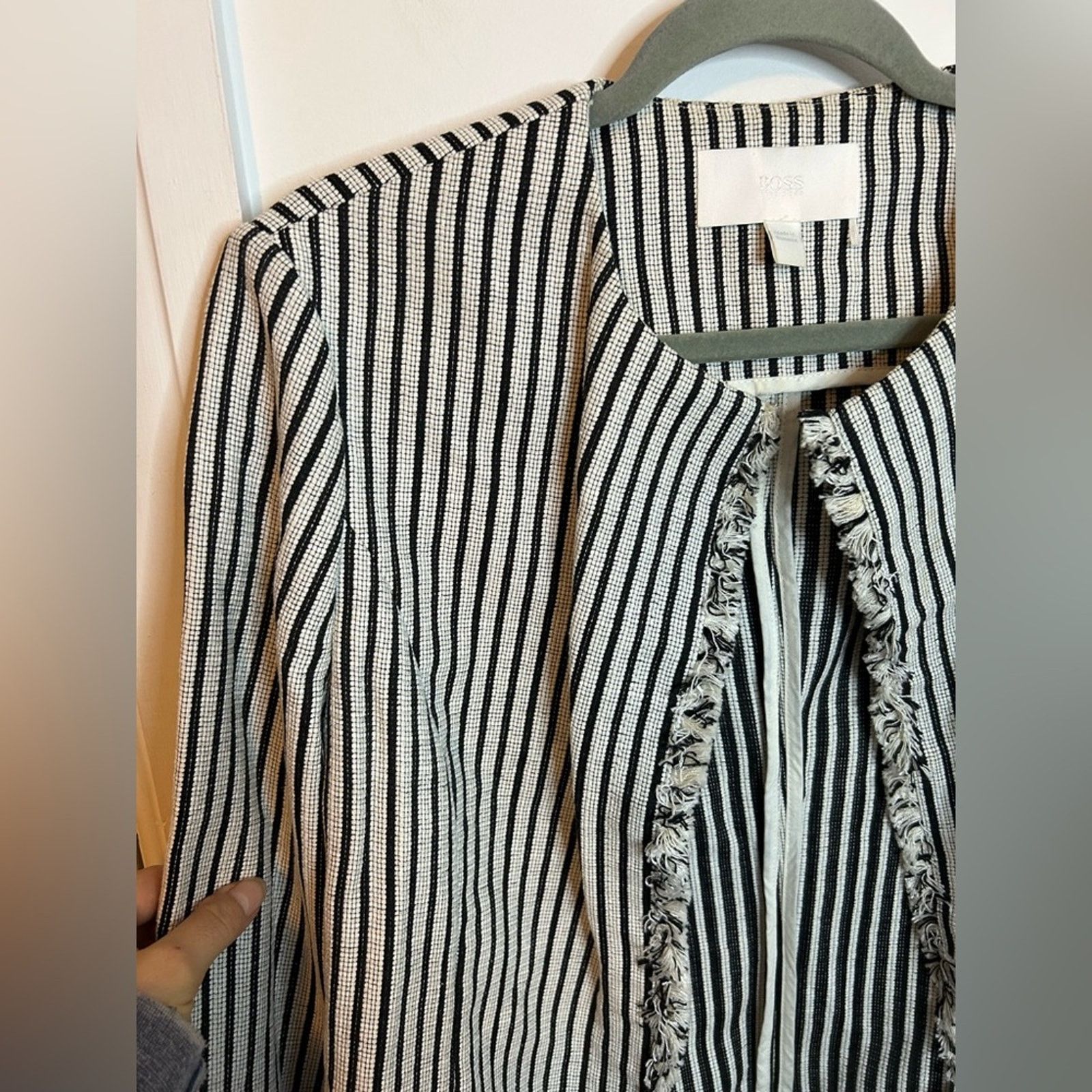 Hugo Boss Hugo Boss Striped Black and White Tweed Open Front Jacket Size L / US 10 / IT 46 - 6 Thumbnail
