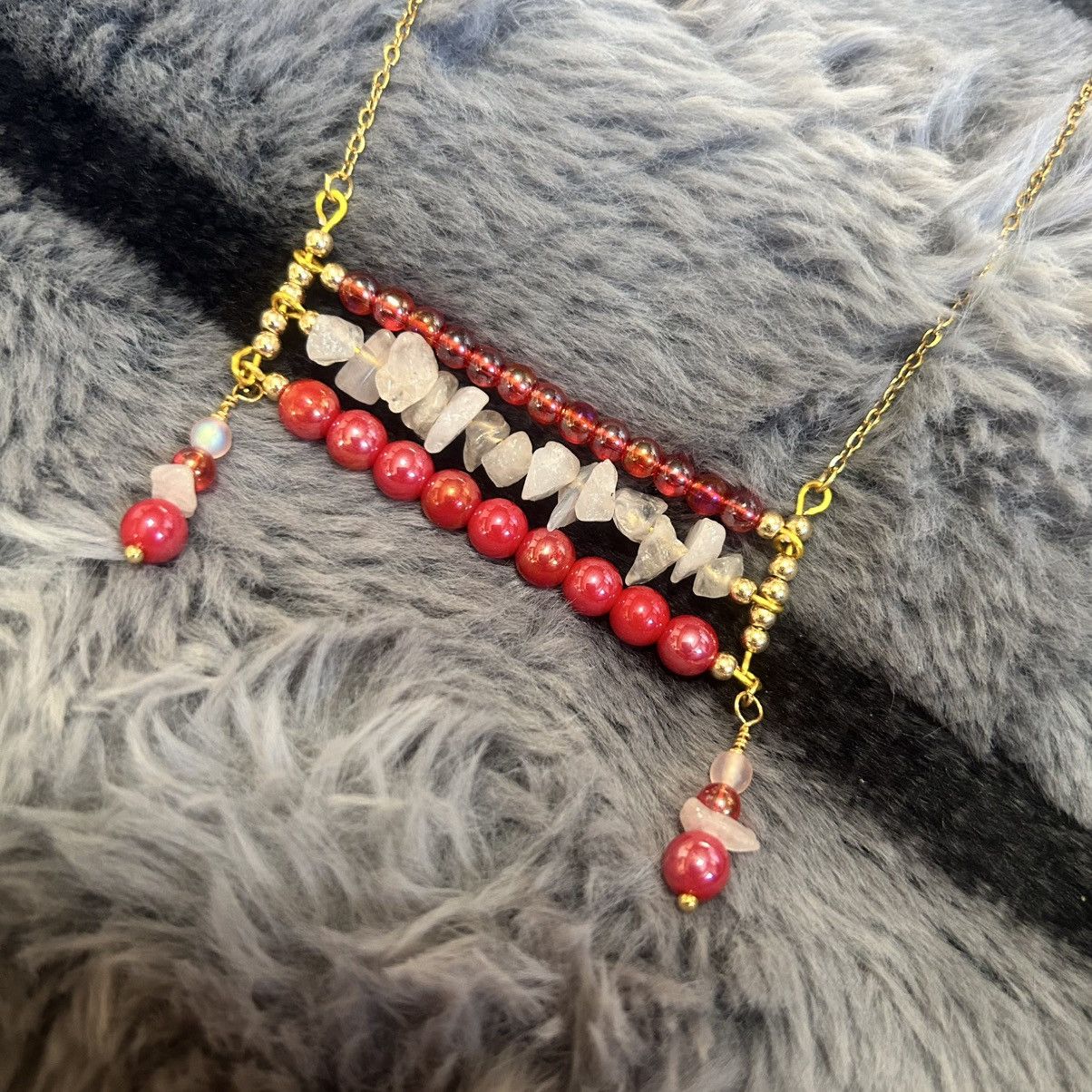 Handmade Handcrafted triple row bar stone rose quartz necklace Size ONE SIZE - 7 Thumbnail
