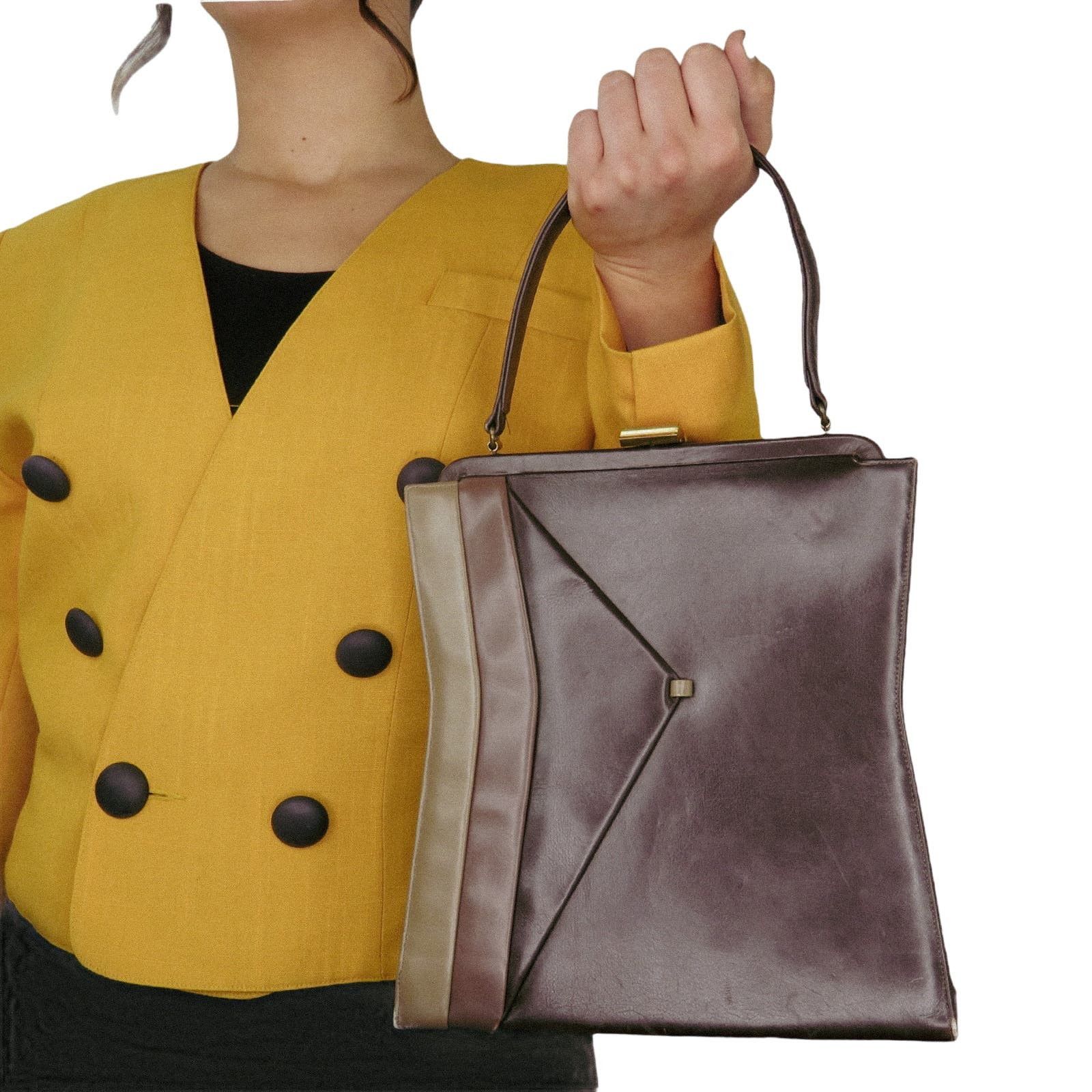 image of 1950S Vintage Handbag Brown Leather Rectangle Handbag Purse, Women's
