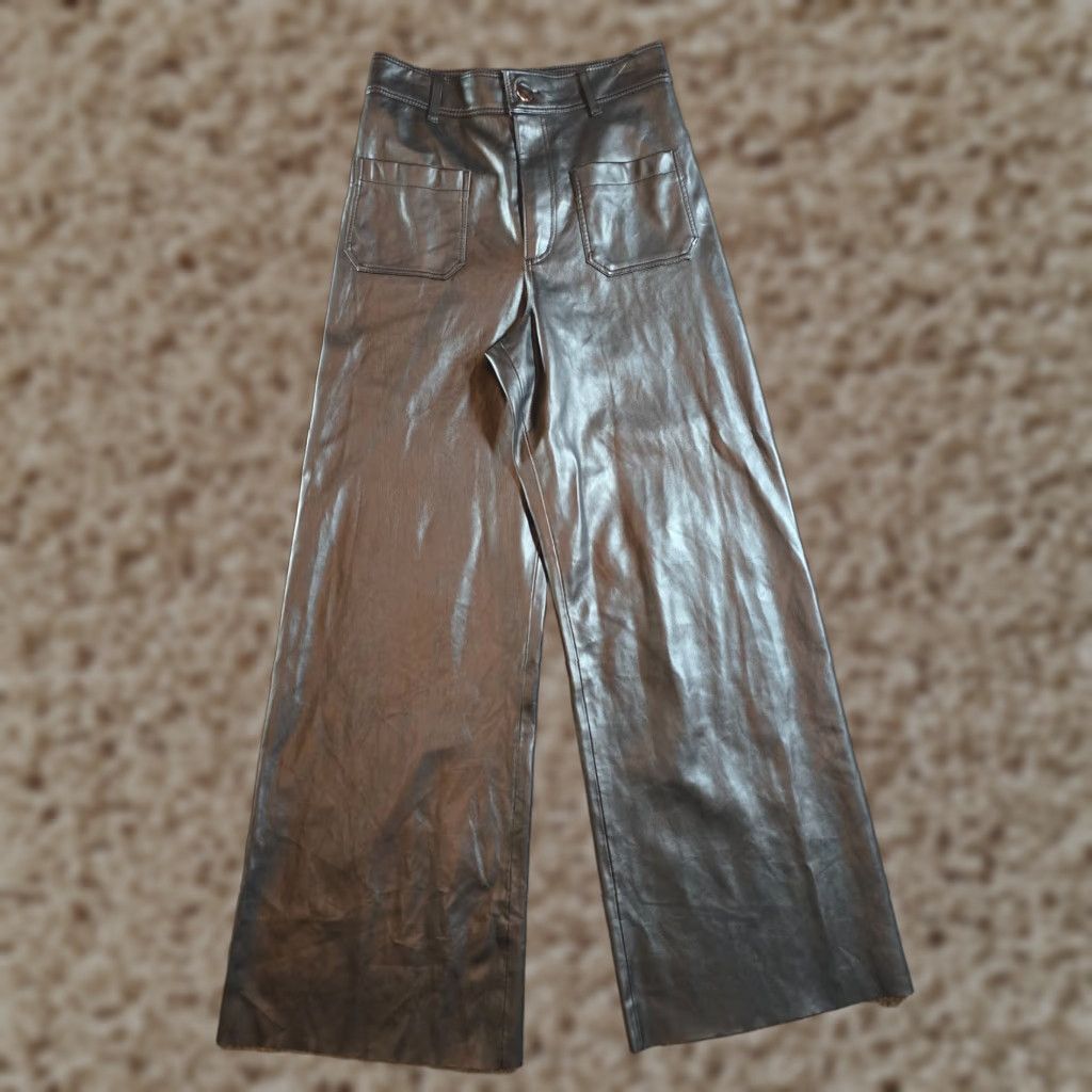 Zara Zara Womens Pants 4 Black Faux Leather Wide-Leg Capsule Minimal Pockets Size 27" / US 4 / IT 40 - 1 Thumbnail