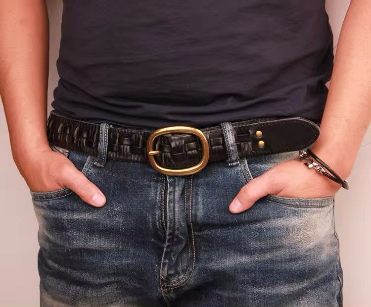 Handmade Leather Weave Copper Buckle Men's Belt