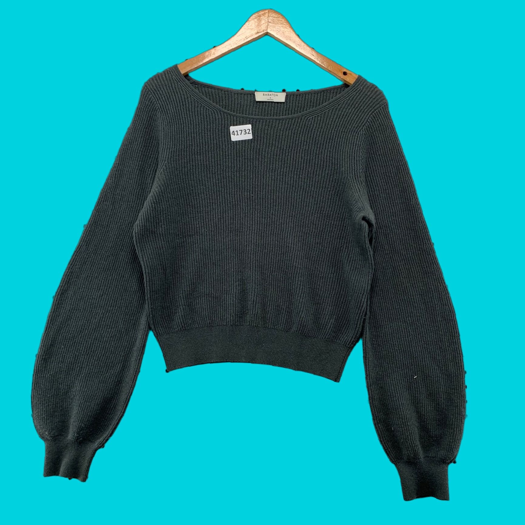 Vintage Babaton Wool Blend Knit Sweater Womens Small Gray Cropped Ribbed Long Sleeve Balloon Sleeve Size S / US 4 / IT 40 - 1 Thumbnail