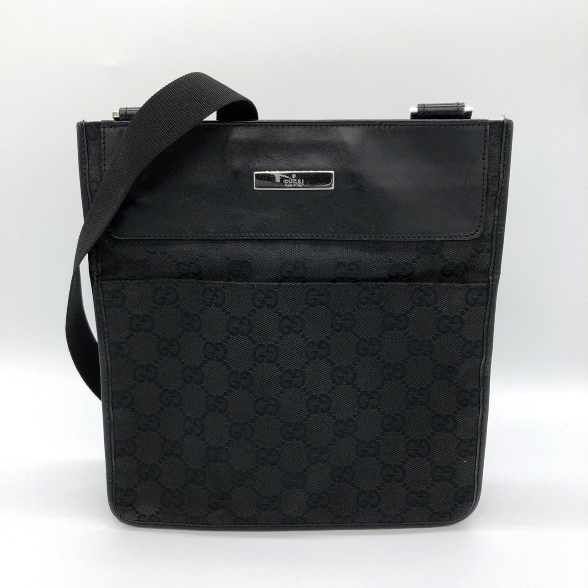 GUCCI 27639 Shoulder Bag Black GG Canvas Leather Men's Women's