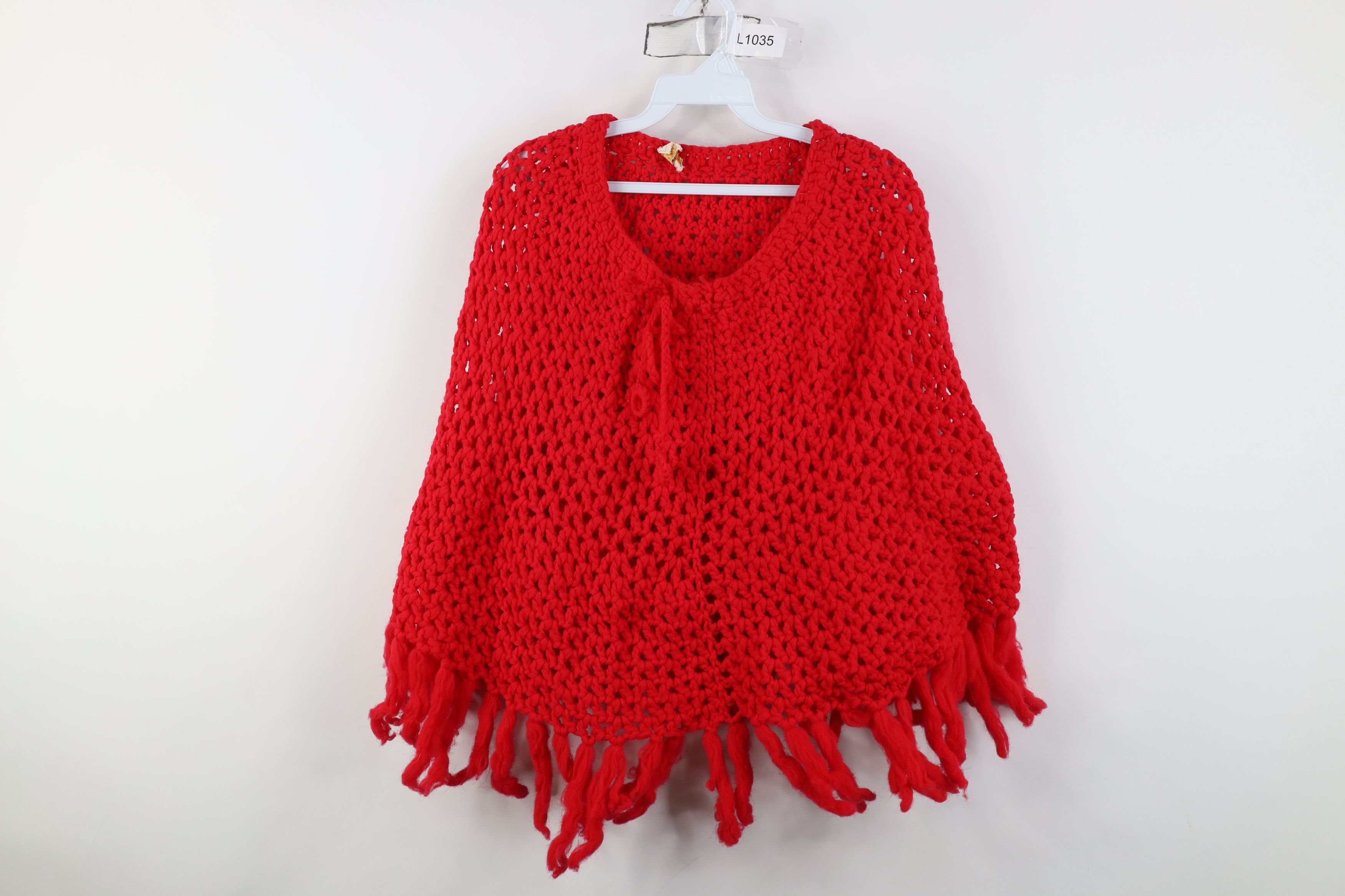 Vintage Vintage 50s 60s Fringed Crochet Poncho Sweater Cape Red USA Size ONE SIZE - 1 Thumbnail