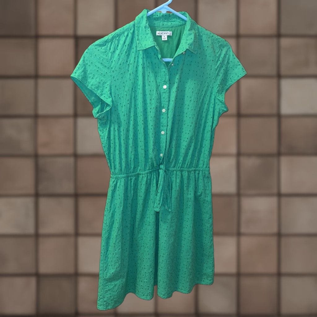 J.Crew VINTAGE J. Crew Mercantile Women's Cotton Dress Short Sleeve Collared Eyelet S Green Casual Size S / US 4 / IT 40 - 1 Thumbnail
