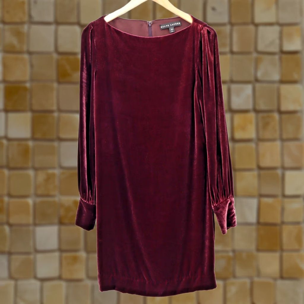 Ralph Lauren Ralph Lauren Burgundy Button Cuff Cocktail Velvet Puff Sleeve Dress Sz 10 Size L / US 10 / IT 46 - 1 Thumbnail