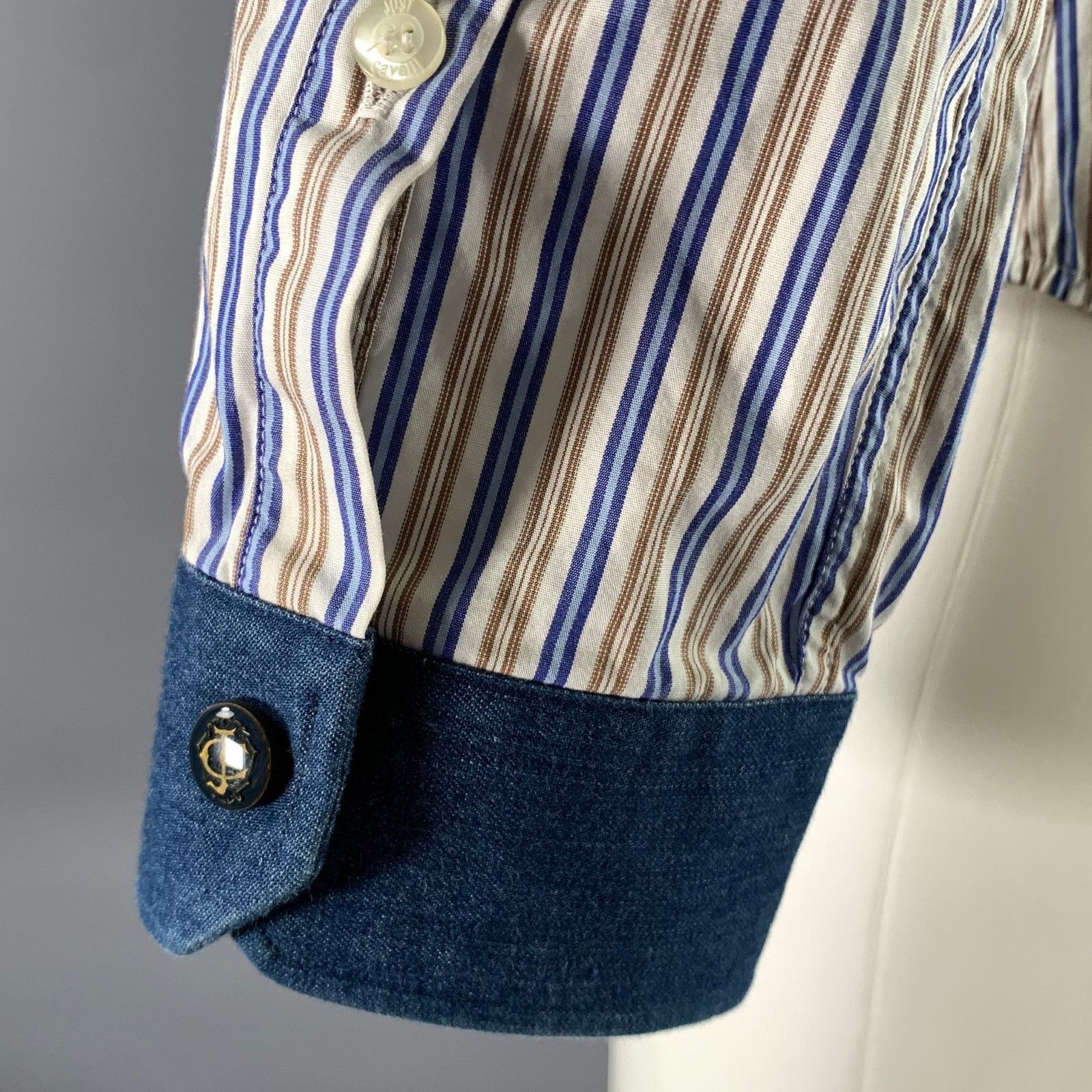 Just Cavalli JUST CAVALLI White Blue Brown Cotton Long Sleeve Shirt Size US M / EU 48-50 / 2 - 5 Thumbnail