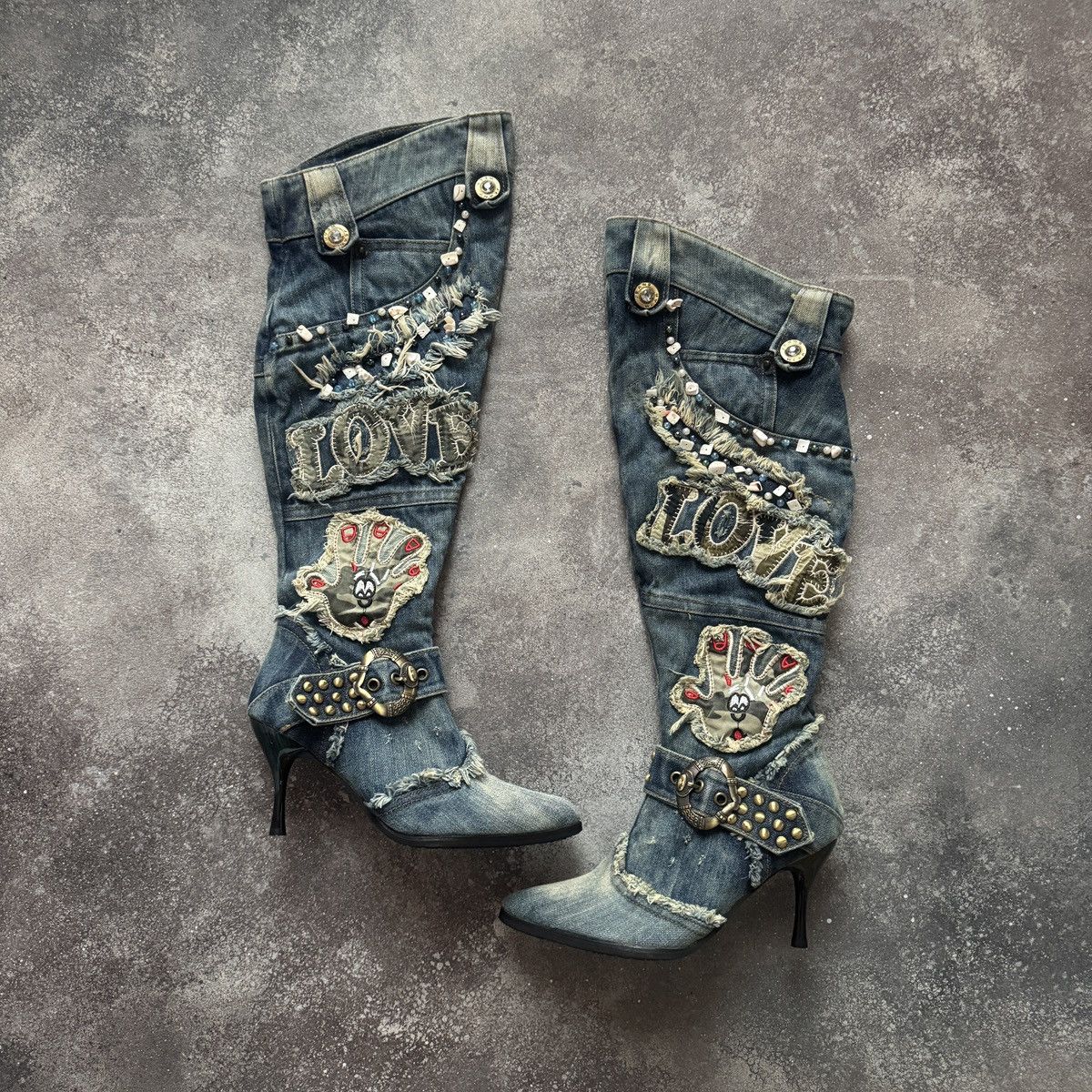 20471120 Vintage Distressed Patchwork Y2K Knee-High Jeans Boots Size US 7 / IT 37 - 1 Thumbnail