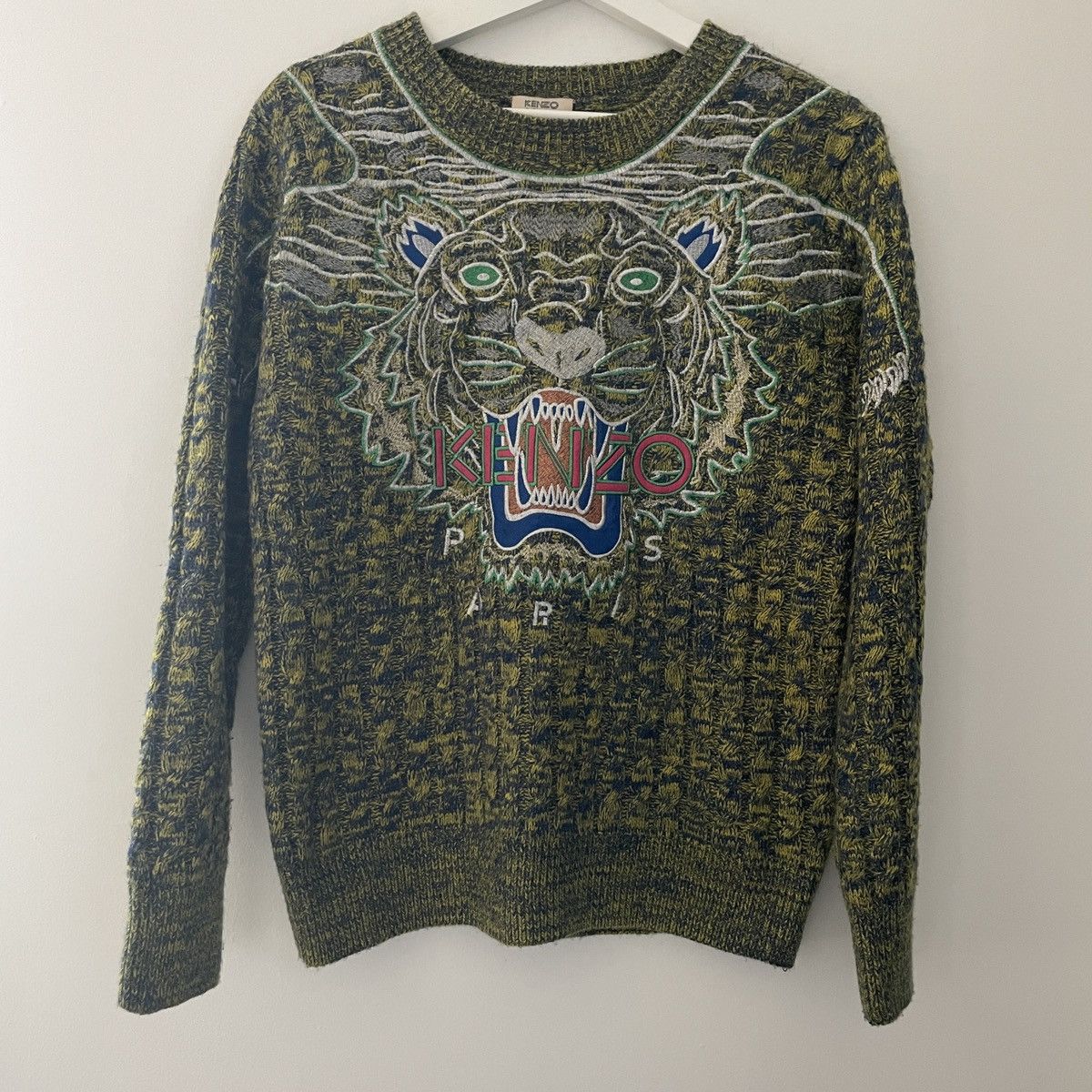 image of Kenzo Iconic Tiger Sweater Long Sleeve 100% Wool Variegated in Yellow, Women's (Size Small)