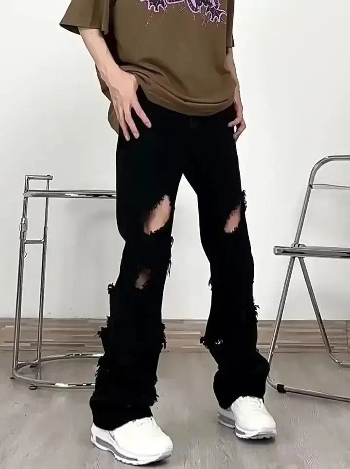 Japanese Brand High street black ripped straight leg jeans Size US 32 / EU 48 - 2 Thumbnail