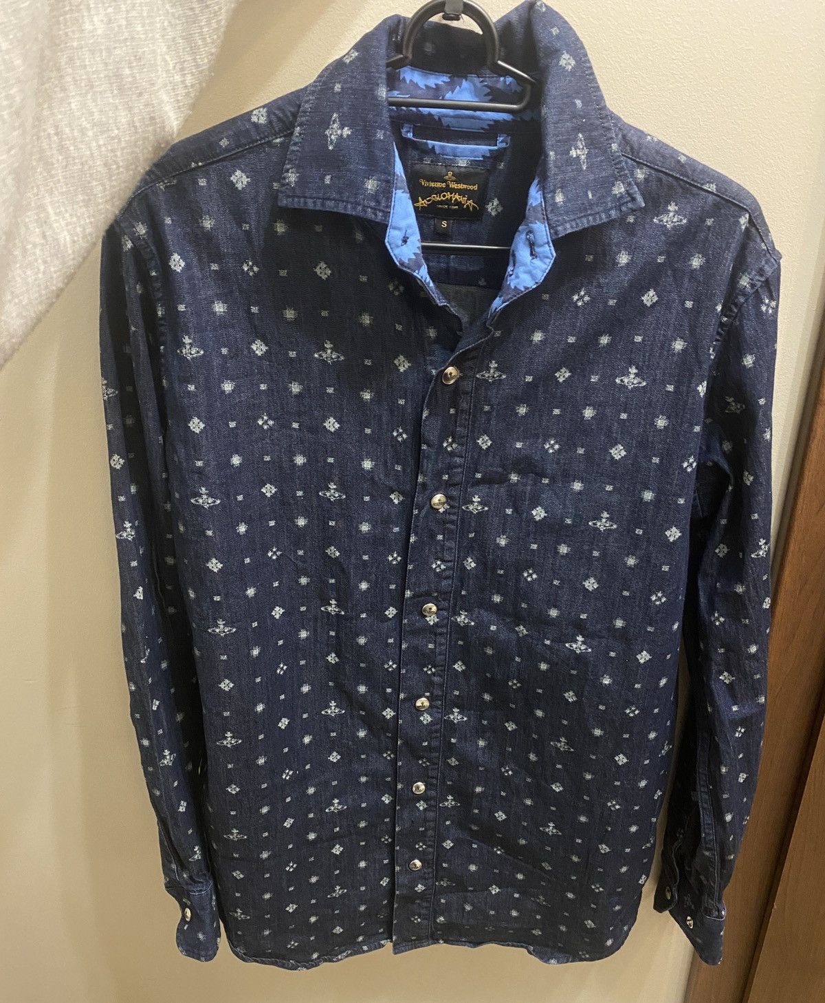 image of Luxury Mini Logo Fullprint Vivienne Westwood Shirt Button in Navy, Men's (Size Medium)