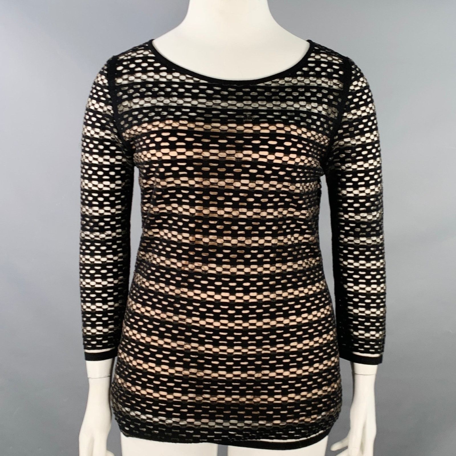 Escada Black Viscose Blend Textured Stripe 3/4 Sleeves Scoop Neck Size L / US 10 / IT 46 - 1 Thumbnail