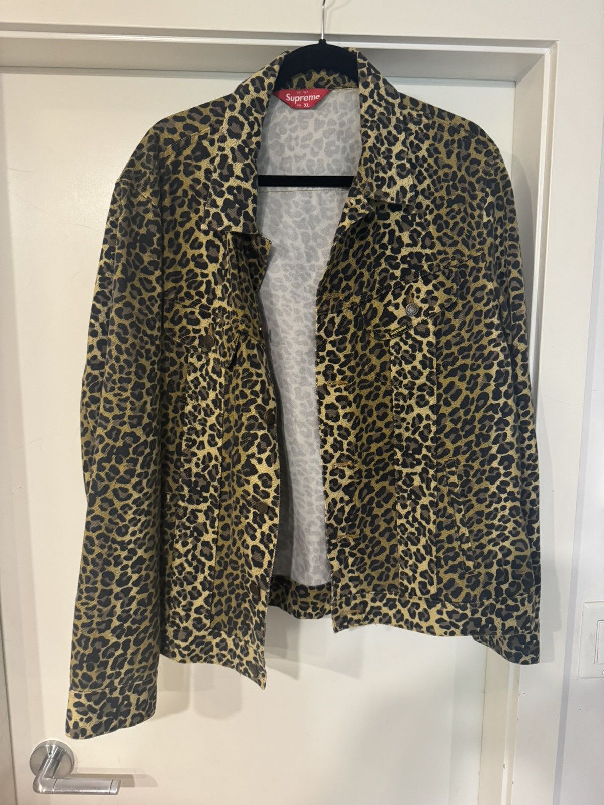 image of Supreme Leopard Denim Jacket, Men's (Size XL)