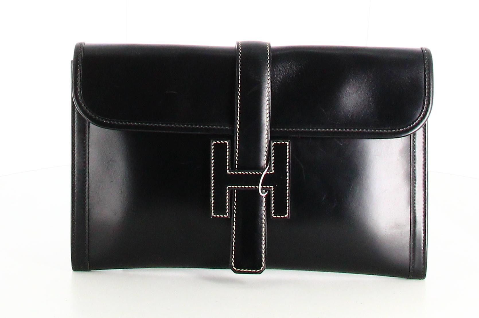 image of 1988 Hermes Jige Pm Clutch Bag Black Leather, Women's