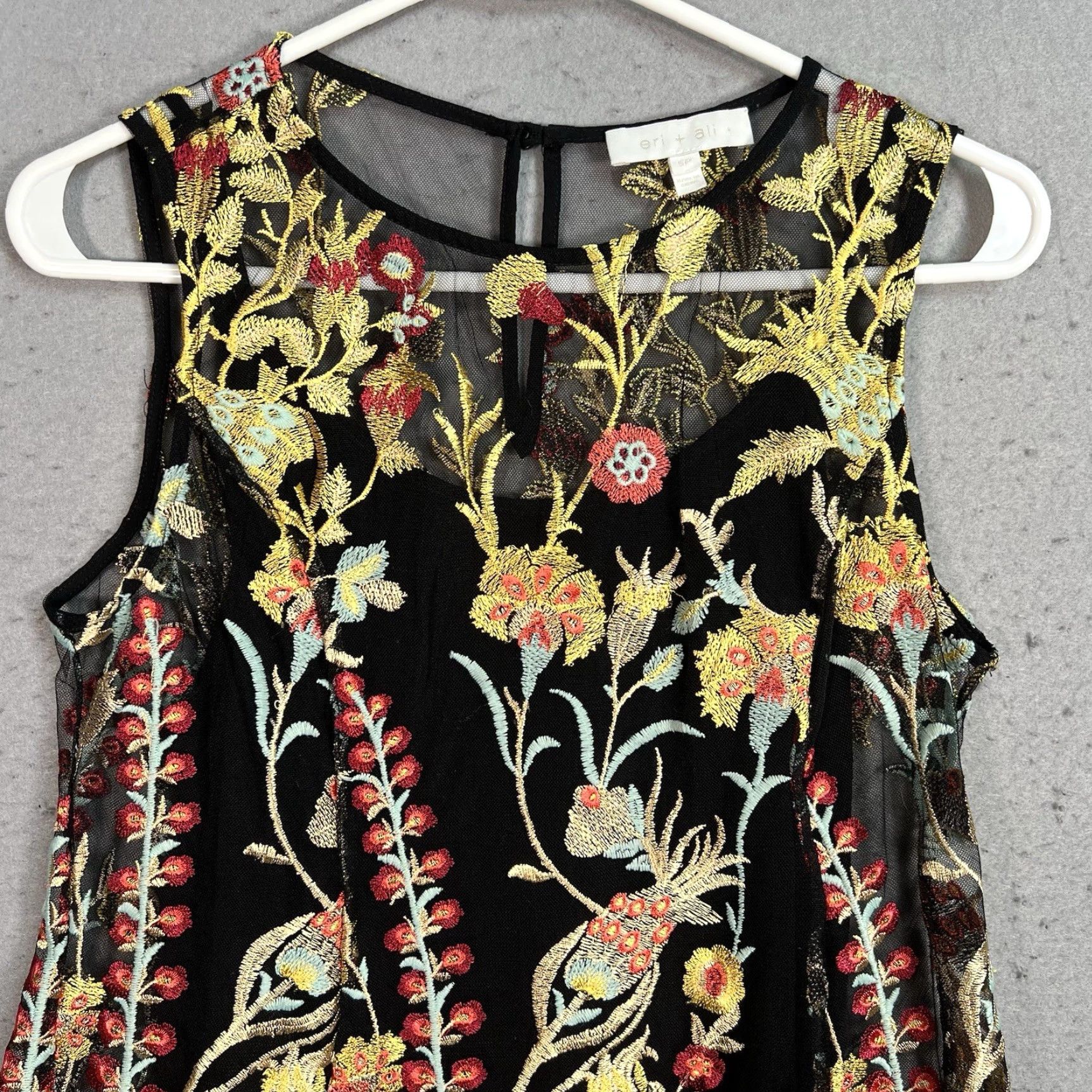 VINTAGE Anthropologie Embroidered Women Dress Black Multi Floral Small  Petite