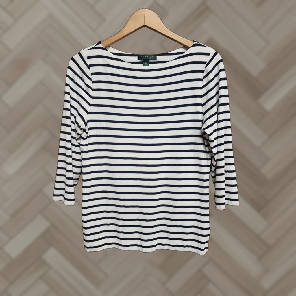 Ralph Lauren Ralph Lauren Womens T-Shirt White Striped 3/4 Sleeve L Size Large Shirt Womens Size L / US 10 / IT 46 - 1 Thumbnail