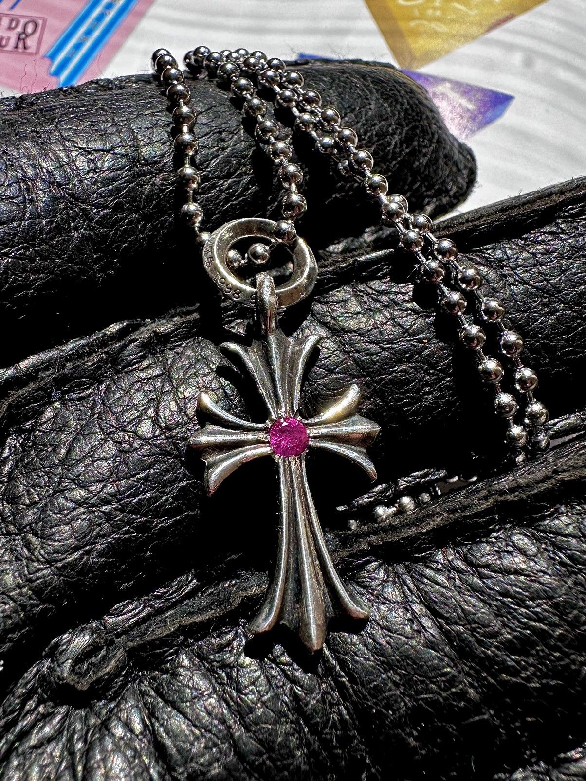 Pre-owned Chrome Hearts Ruby Tiny Cross Pendant Top +ball Chain In Silver