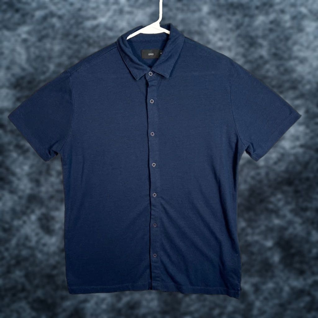Onia Mens Short Sleeve Button-Up Shirt Medium Linen & Polyester Dark Blue