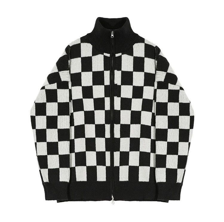 Japanese Brand × Vintage Fashion black checkered plaid knit jacket cardigan Size US XL / EU 56 / 4 - 2 Thumbnail