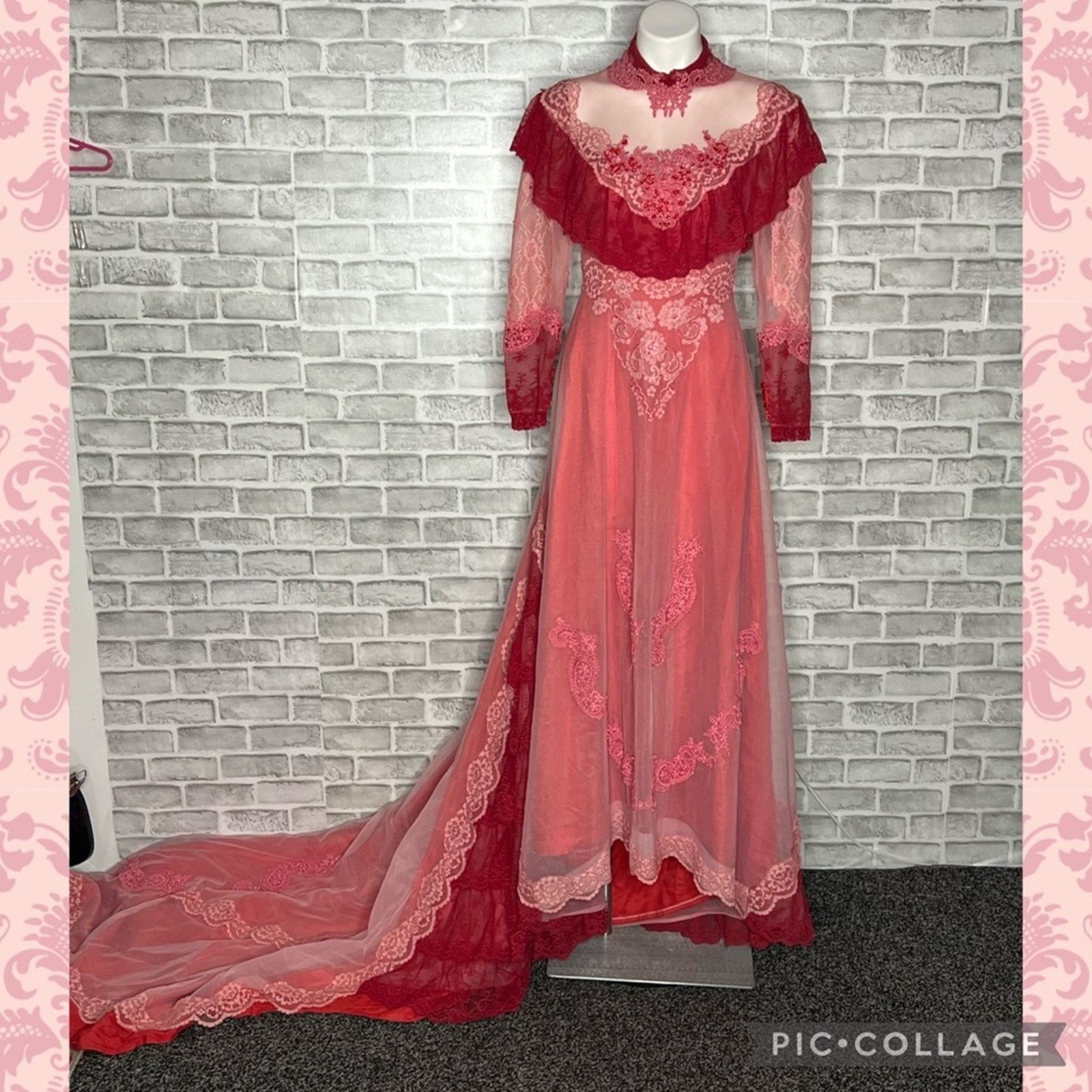 Vintage 70s Victorian illusion lace ruffle pink red wedding dress Size M / US 6-8 / IT 42-44 - 13 Thumbnail
