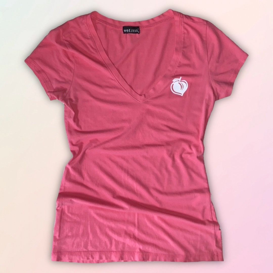 Vintage Retro, Wet Seal, Peach Coral V Neck, Semi Sheer Fitted Tee Size S / US 4 / IT 40 - 16 Thumbnail