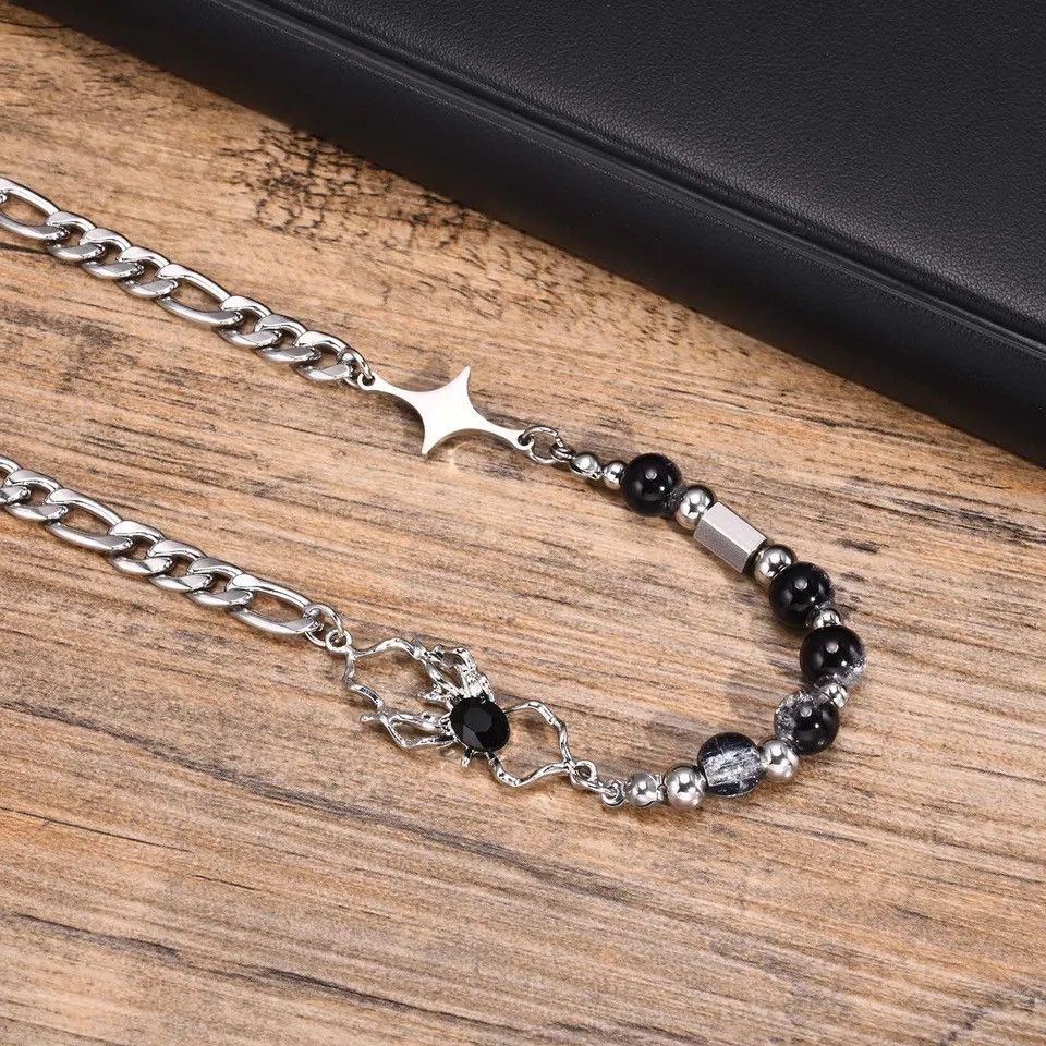 Jewelry 8MM Glass Beads Chain Necklaces Figaro Chain Choker Collar Size ONE SIZE - 3 Thumbnail