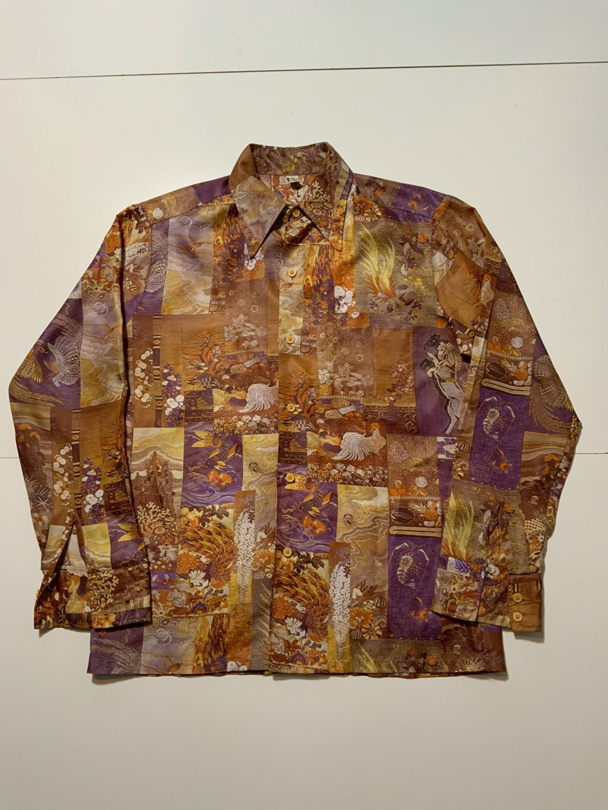 Vintage 60s 70s Textured Polyester Novelty AOP Disco Shirt