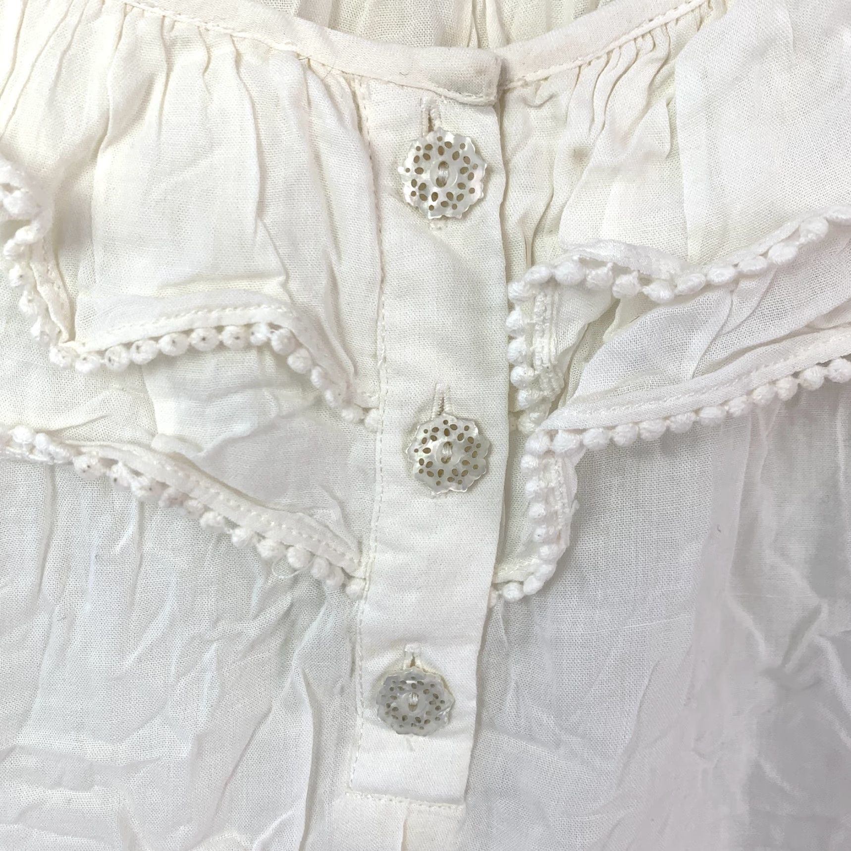 Anthropologie Odille Blouse Womens 4 Ivory Ruffle Pom-Pom Button Tiered Boho Peasant Blouse Top Short Sleeve Sailor? Size S / US 4 / IT 40 - 4 Thumbnail