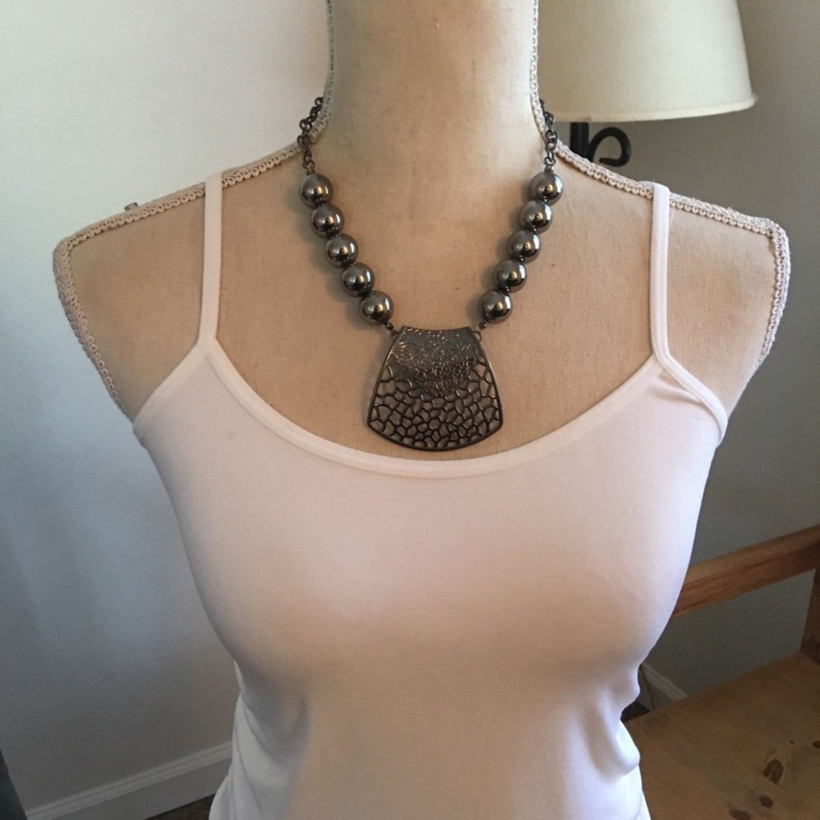Jewelry Bold chrome tone large pendant beaded necklace Size ONE SIZE - 3 Thumbnail