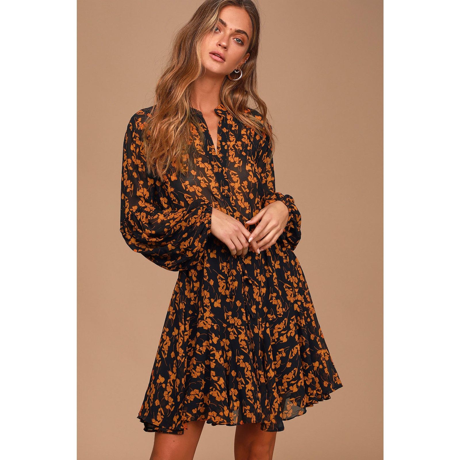 Lululemon Lulus Dress M Sashay My Way Black Floral LS Mini Dress Puff Size M / US 6-8 / IT 42-44 - 2 Thumbnail
