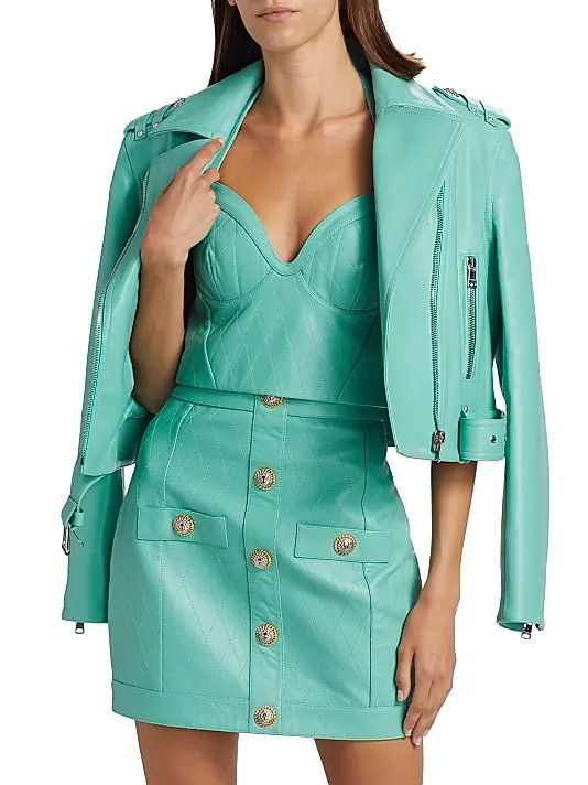 Balmain o1s1wg110725 Leather Halter Bustier Top in Mint Green Size M / US 6-8 / IT 42-44 - 2 Thumbnail