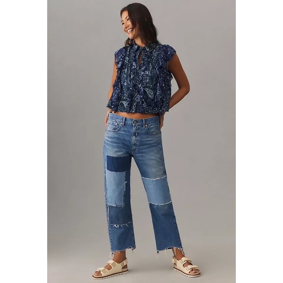 Anthropologie Pilcro Navy Denim Button Down Floral Ruffle Top Size S / US 4 / IT 40 - 2 Thumbnail