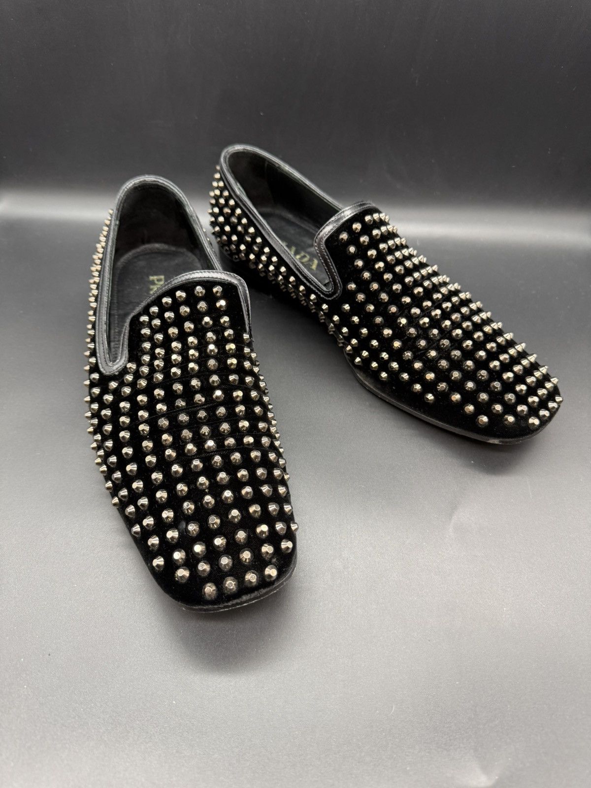 Prada PRADA Velluto Stud Smoking Loafer Black Velvet-Silver Studs Size US 11 / EU 44 - 1 Thumbnail