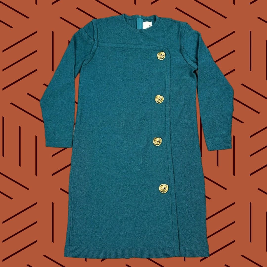 VINTAGE STEVE FABRIKANT WOOL KNIT DRESS TEAL 80s MEDIUM WOMENS