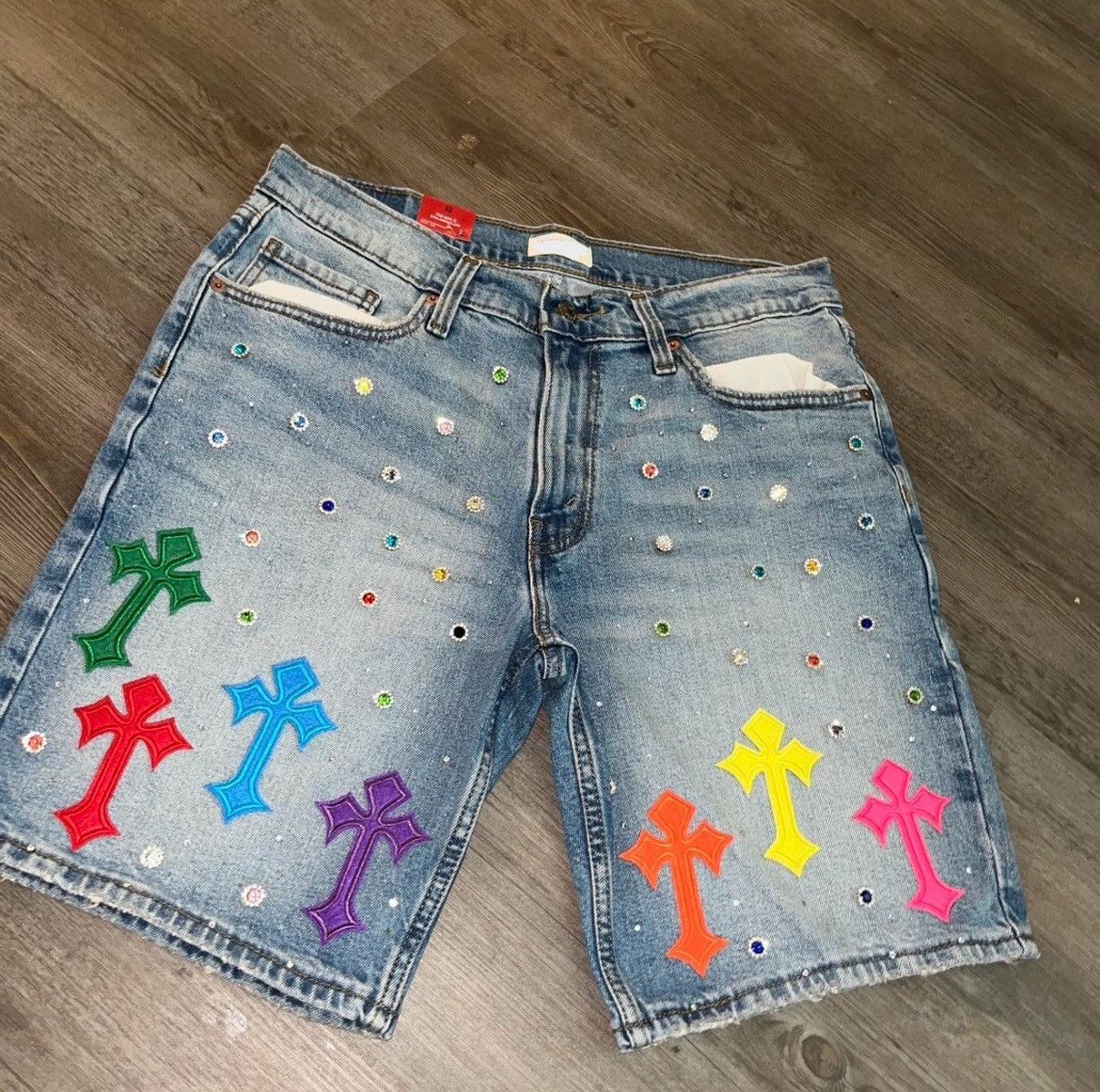 Other Mens denim shorts with multicolor rhienstones and crosses Size US 32 / EU 48 - 3 Thumbnail