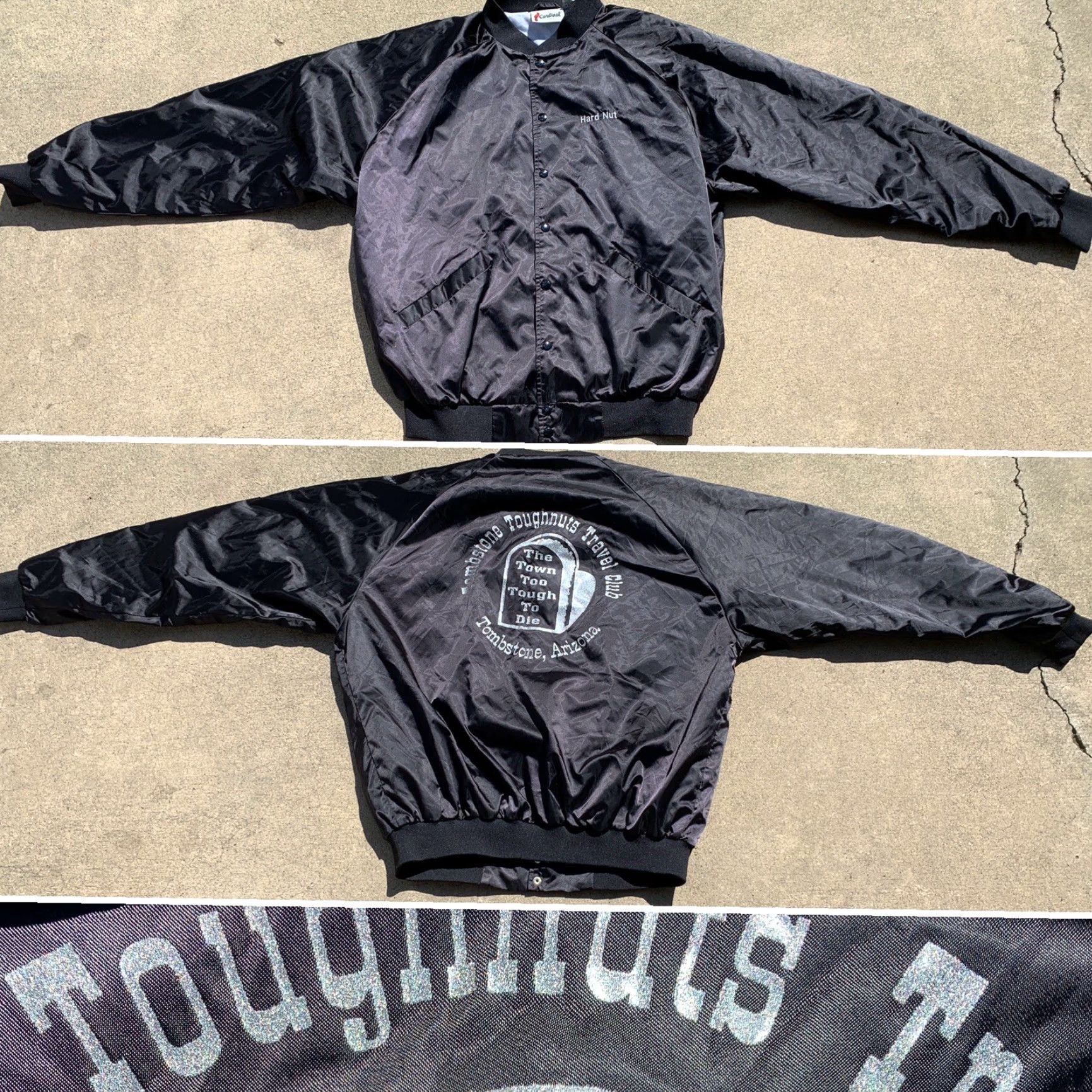 Vintage VINTAGE Tombstone Toughnuts Travel Club Tombstone Arizona Satin Jacket Bomber Hard Nut XL Black Cardinal Satin Jacket Sportswear/Beach 1990s Mens io? Size US XL / EU 56 / 4 - 5 Thumbnail