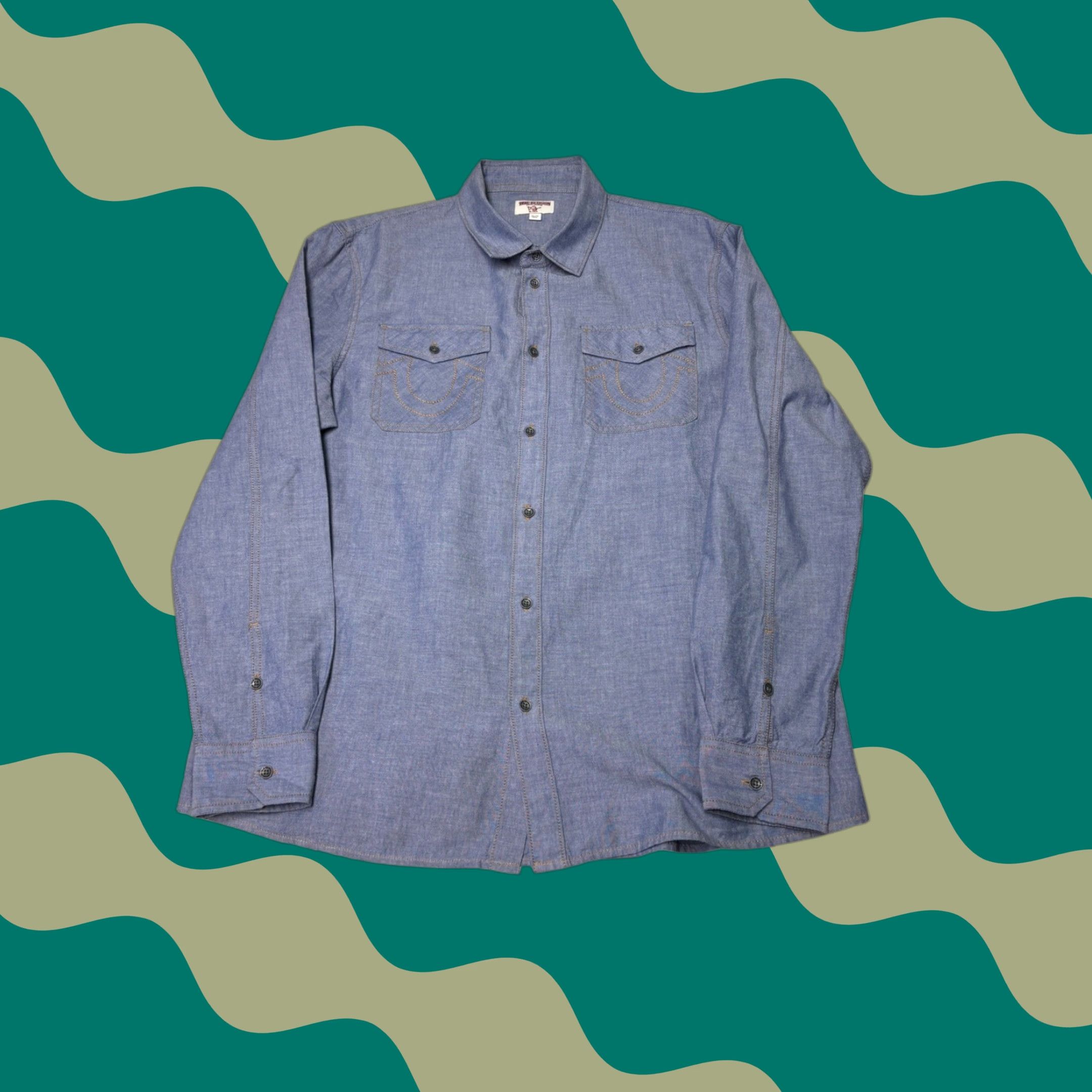 True Religion True Religion Mens XL Button-Down Shirt Chambray Blue Long Sleeve Chest Pockets Western Casual Workwear 47 in Chest, Regular Fit, Collared, Button-Up Size US XL / EU 56 / 4 - 1 Thumbnail