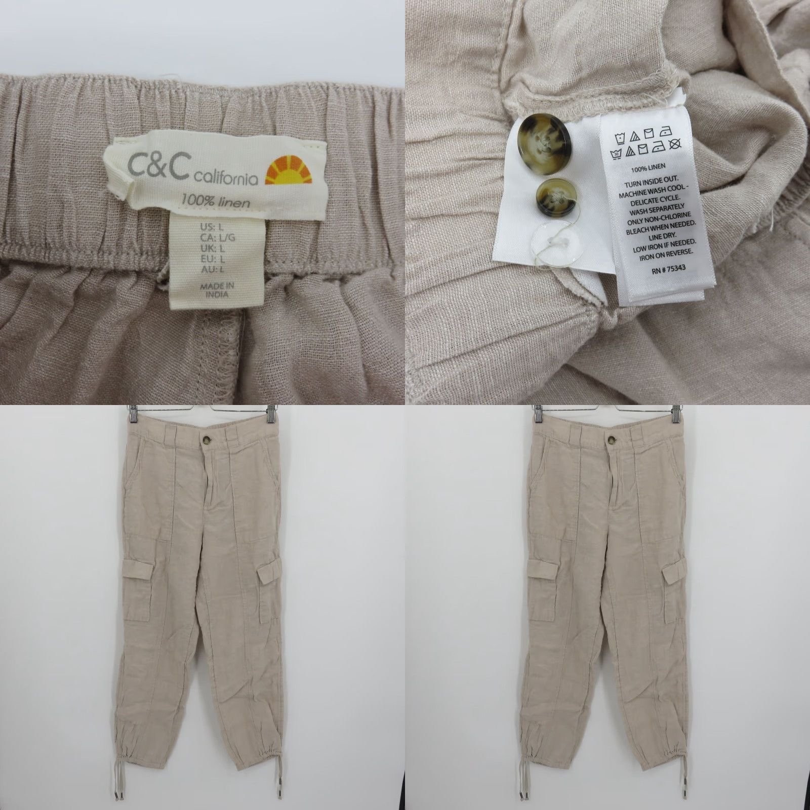 Vintage C&C California Women L Solid Beige Linen Cargo Joggers Pants Pockets Casual Smart Size 36" / US 14 / IT 50 - 8 Thumbnail