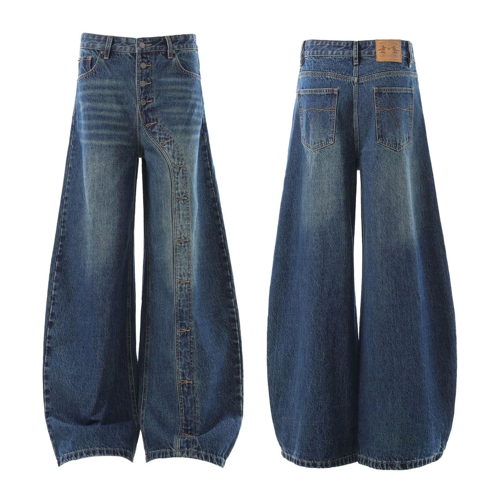 Blue Wide Leg Denim Jeans, Baggy Button Fly Jeans