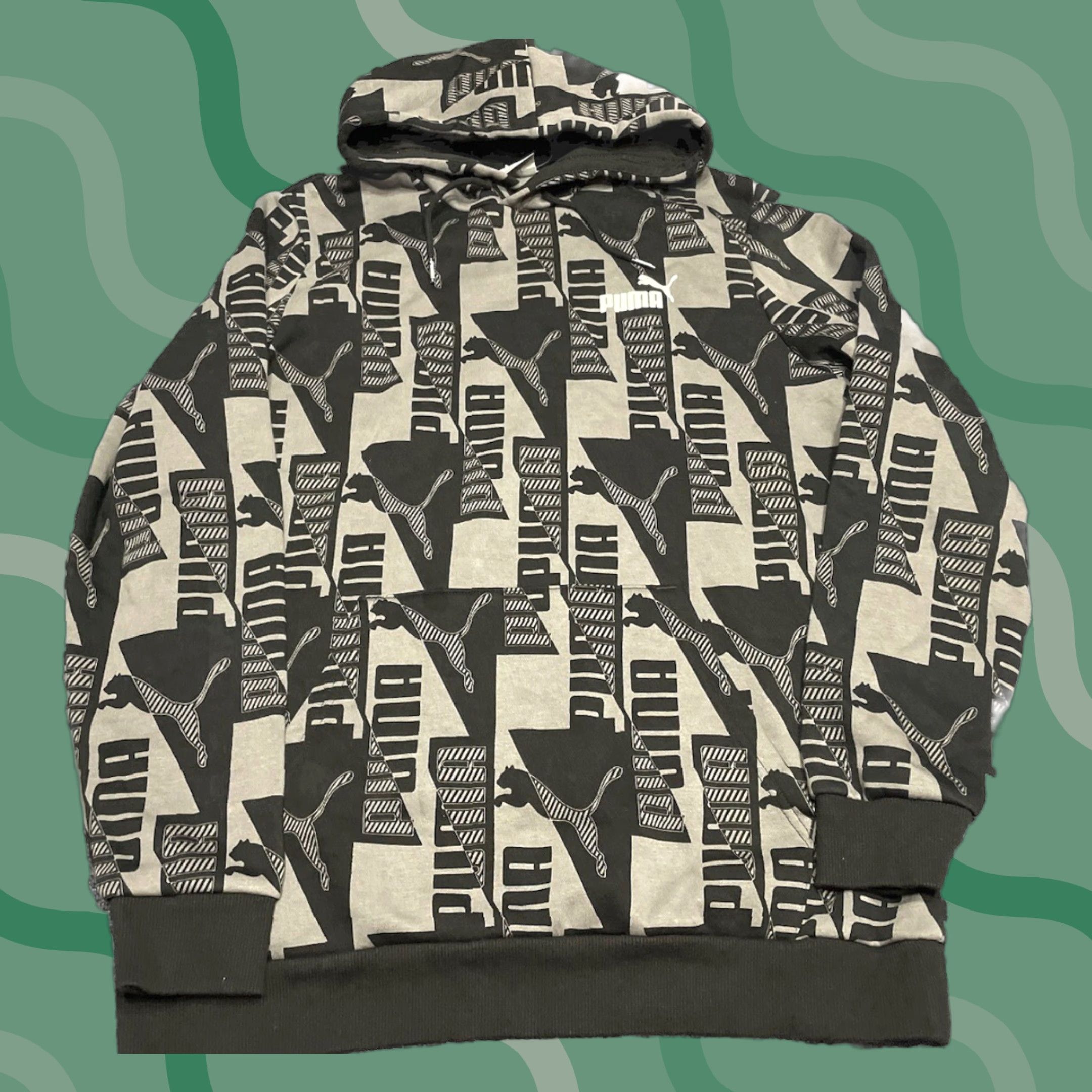 Puma PUMA Hoodie Mens L Grey Black All Over Print Drawstring Pullover Geometric Logo Pocket Breathable Hooded Classic Outdoor Size US L / EU 52-54 / 3 - 1 Thumbnail