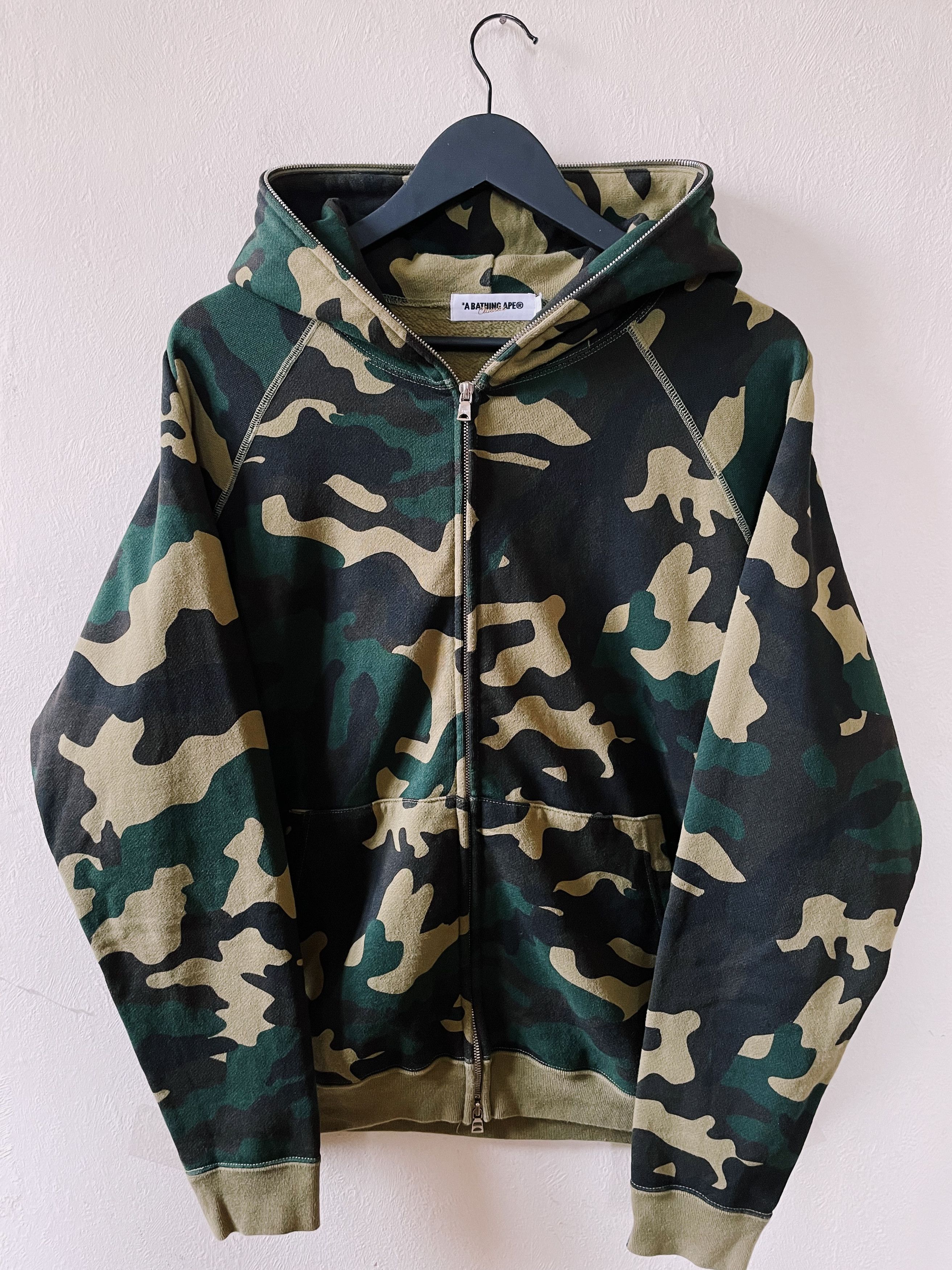 image of Vintage Y2K Bape A Bathing Ape Woodland Camo Fullzip Hoodie in Green/Khaki, Men's (Size Medium)