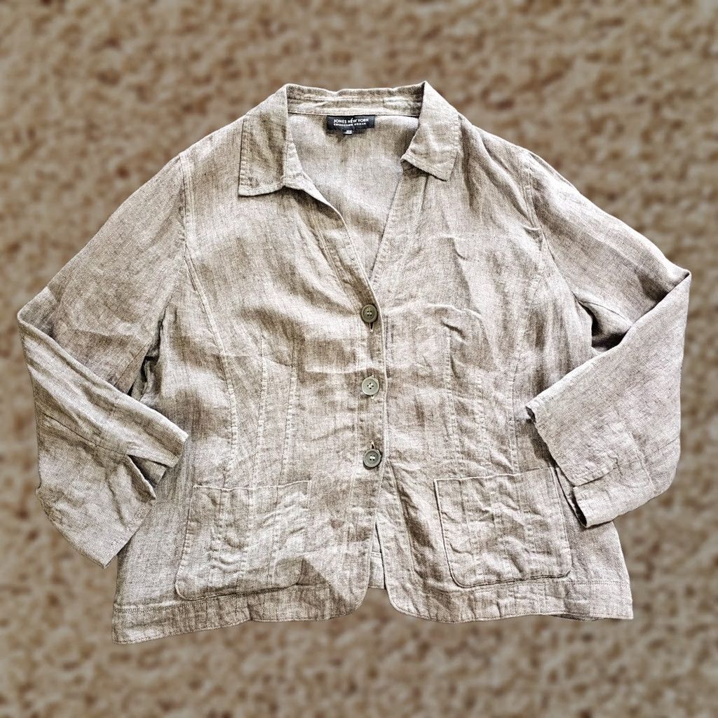 Jones New York Jones New York Jacket Blazer Womens 18W Beige Linen 3/4 Sleeve Casual Career Size XXL / US 16-18 / IT 52-54 - 1 Thumbnail