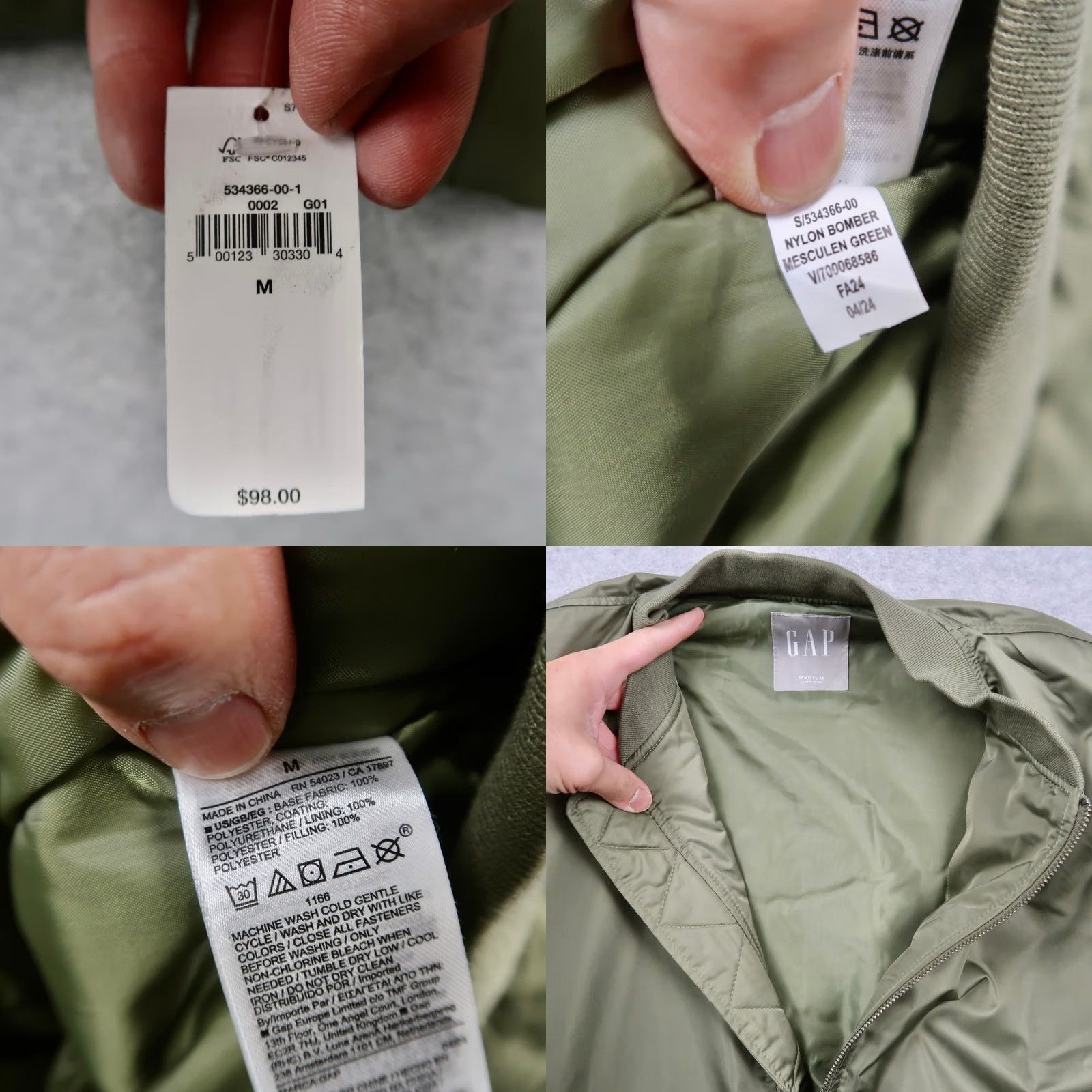 Gap Gap Mens Nylon Bomber Jacket MA-1 Green Full Zip Flight Jacket M Medium Size US M / EU 48-50 / 2 - 8 Thumbnail