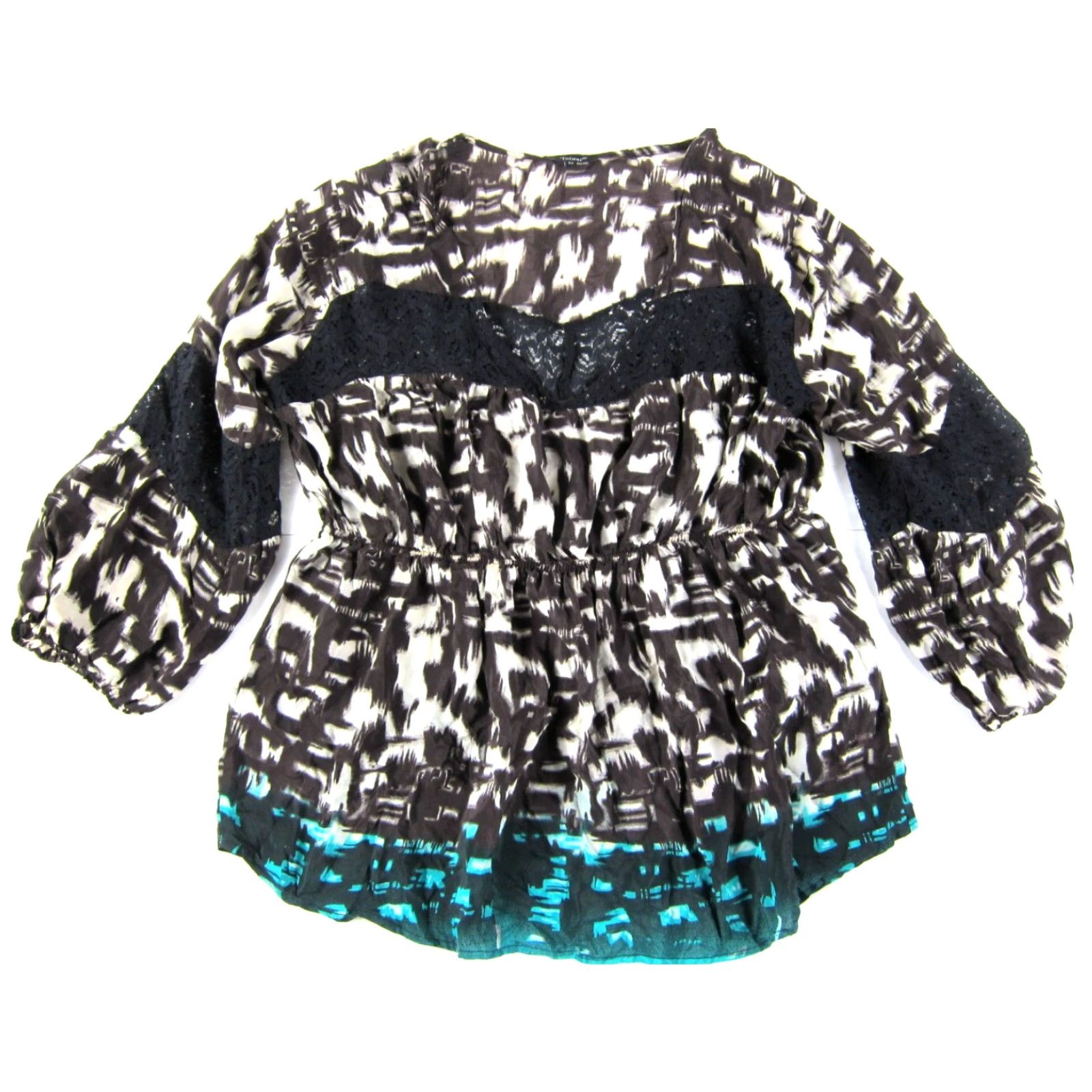 IOLANI Tolani 100% Silk Blouse Tunic V-Neck Peasant Lace 2X Brown Ivory Blue Black Shirt Womens Size XXL / US 16-18 / IT 52-54 - 2 Thumbnail