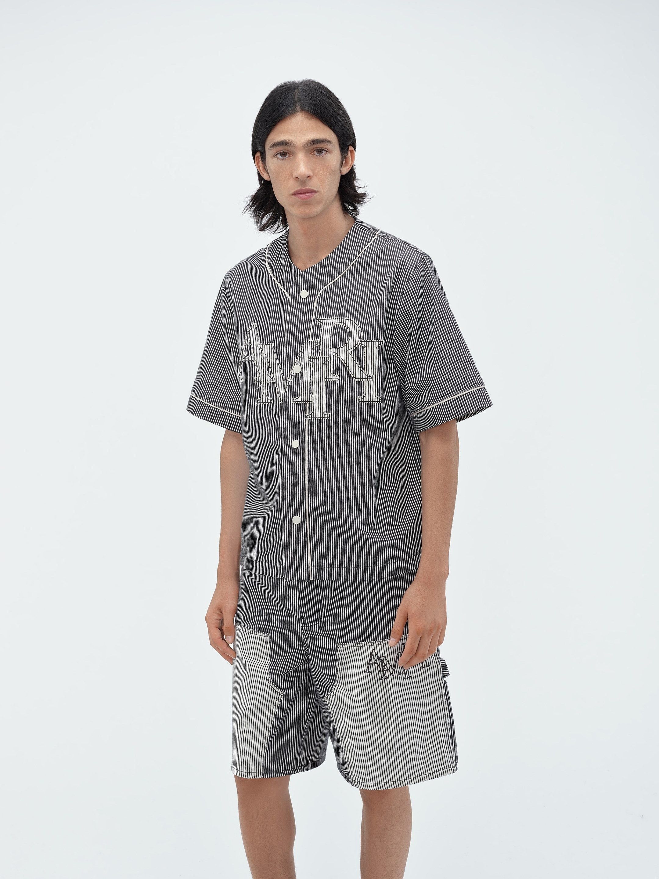 Amiri o1s1wg110425 Striped Denim Logo Applique Baseball Shirt Size US L / EU 52-54 / 3 - 3 Thumbnail