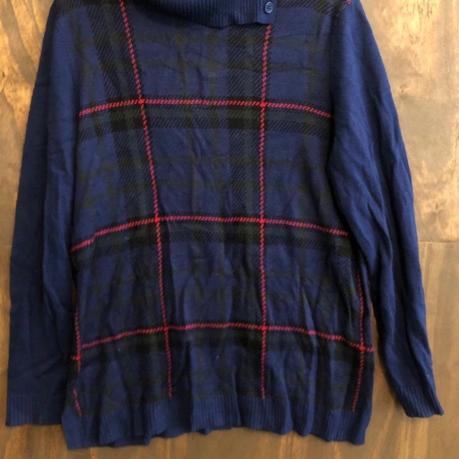 Talbots Talbots Womens Sweater Blue Multicolor Plaid Split Cowl Neck Stretch Large Size L / US 10 / IT 46 - 3 Thumbnail