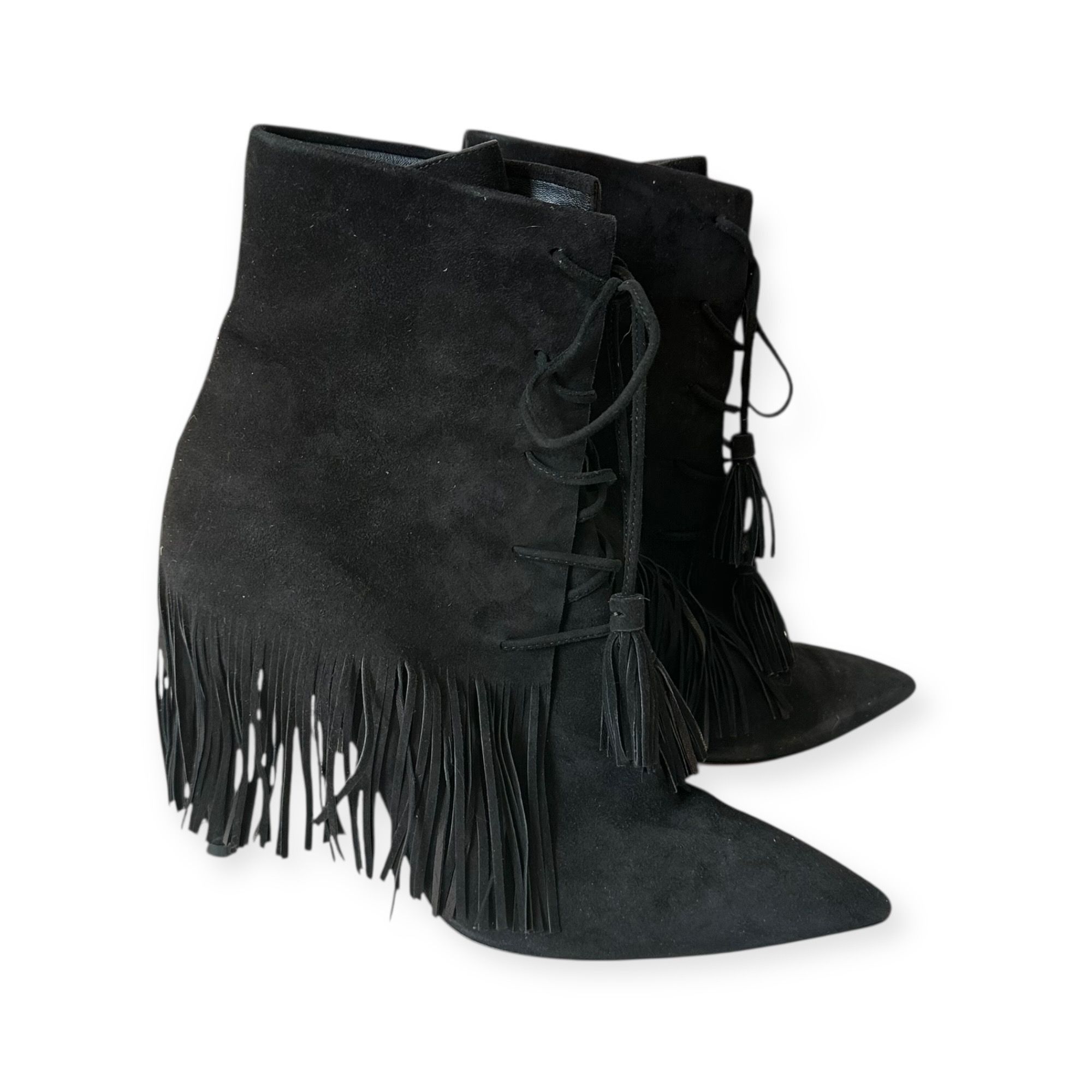 Aquazzura AQUAZZURA Mustang 105 Fringe Heeled Ankle Boots In Black Sue Size US 7 / IT 37 - 6 Thumbnail
